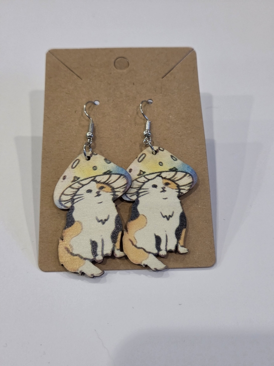 Jewelry - Cat with Mushroom Hat Earrings - Multicolor Cat Drop Earrings